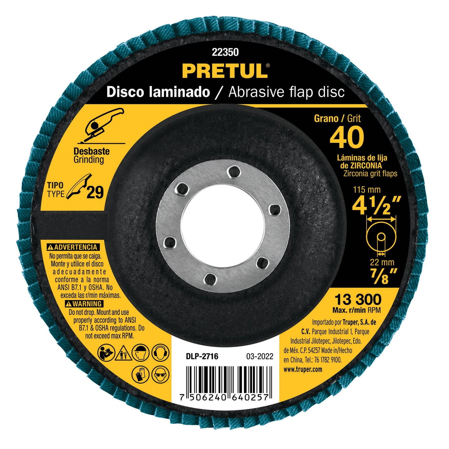 DLP-2716 Disco laminado flap, Tipo 29, 4-1/2", grano 40, centro 7/8", Pretul
