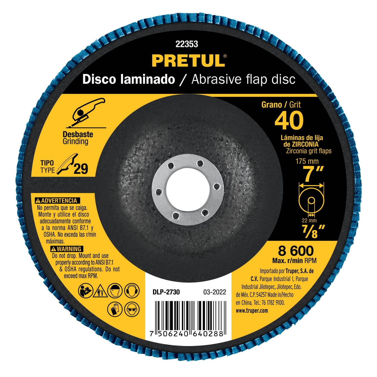 DLP-2730 Disco laminado flap, Tipo 29, 7", grano 40, centro 7/8", Pretul