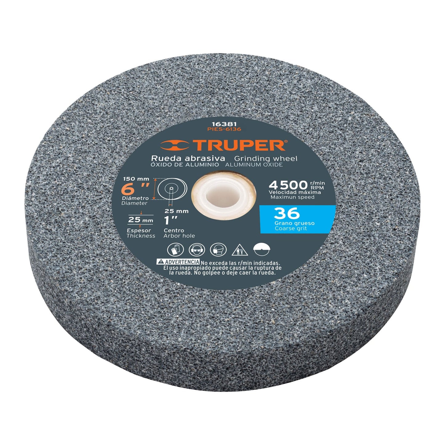 PIES-6136 Piedra para esmeril 6" x 1" óxido de aluminio, grano 36