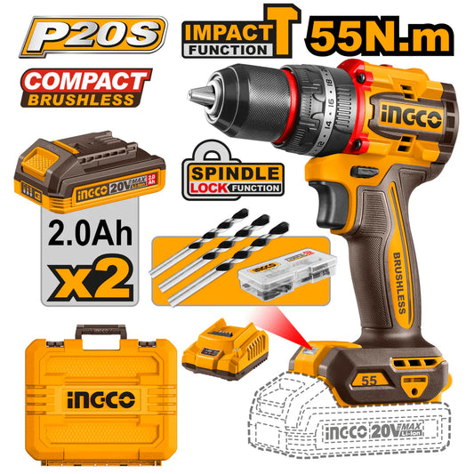 TALADRO PERCUTOR INALAMBRICO 1/2" 20V 55 NM CON 2 BATERIAS Y CARGADOR