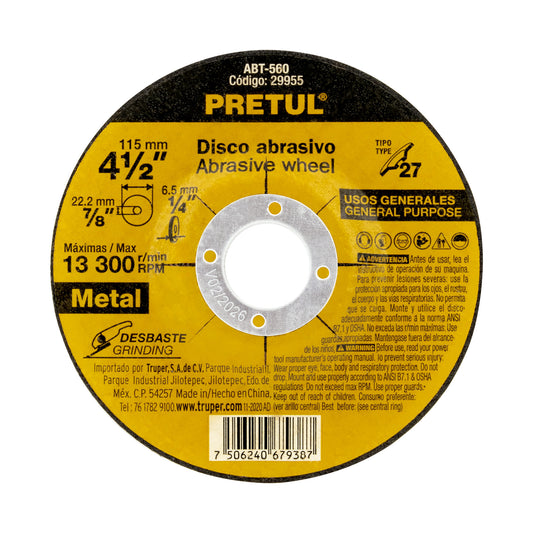ABT-560 Disco para desbaste de metal,tipo 27,diámetro 4-1/2', Pretul"