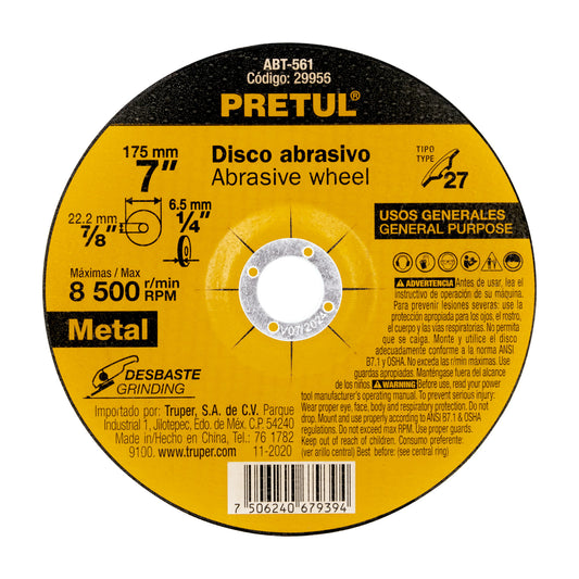 ABT-561 Disco para desbaste de metal, tipo 27, diámetro 7', Pretul"
