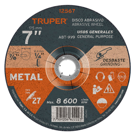 ABT-999 Disco para desbaste de metal, Tipo 27, diámetro 7", 1/4"