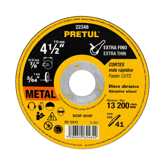 DICOF-4510P Disco Tipo 41 para corte extrafino de metal 4-1/2", 1.0 mm Pretul