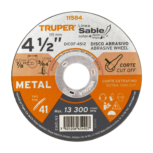DICOF-4512 Disco Tipo 41, corte extrafino de metal, Línea Sable 4-1/2",1.2mm