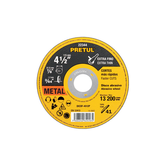 DICOF-4512P Disco Tipo 41 para corte extrafino de metal 4-1/2", 1.2 mm Pretul