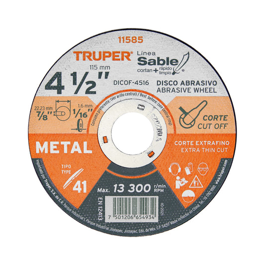 DICOF-4516 Disco Tipo 41, corte extrafino de metal, Línea Sable 4-1/2",1.6mm