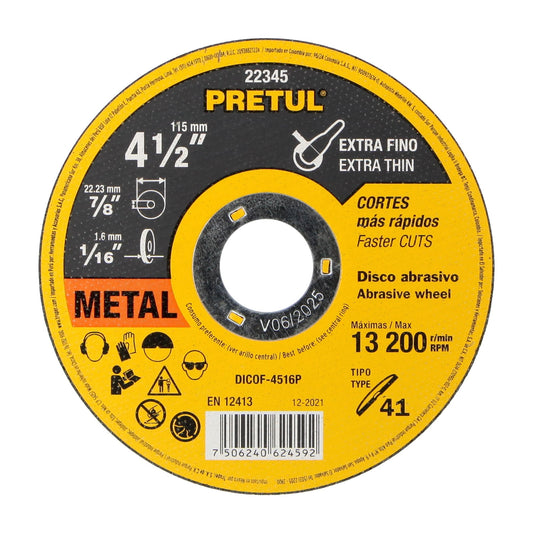 DICOF-4516P Disco Tipo 41 para corte extrafino de metal 4-1/2", 1.6 mm Pretul