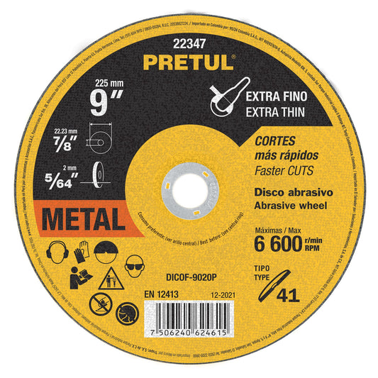 DICOF-9020P Disco Tipo 41 para corte extrafino de metal 9", 2.0 mm Pretul