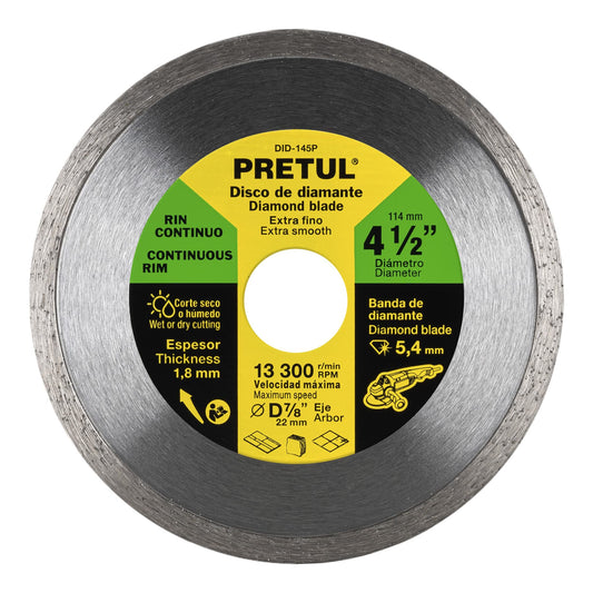 DID-145P Disco diamantado continuo, 4-1/2", Pretul