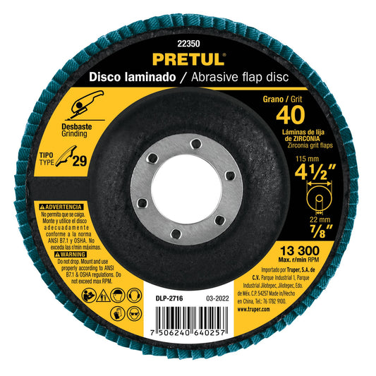 DLP-2716 Disco laminado flap, Tipo 29, 4-1/2", grano 40, centro 7/8", Pretul
