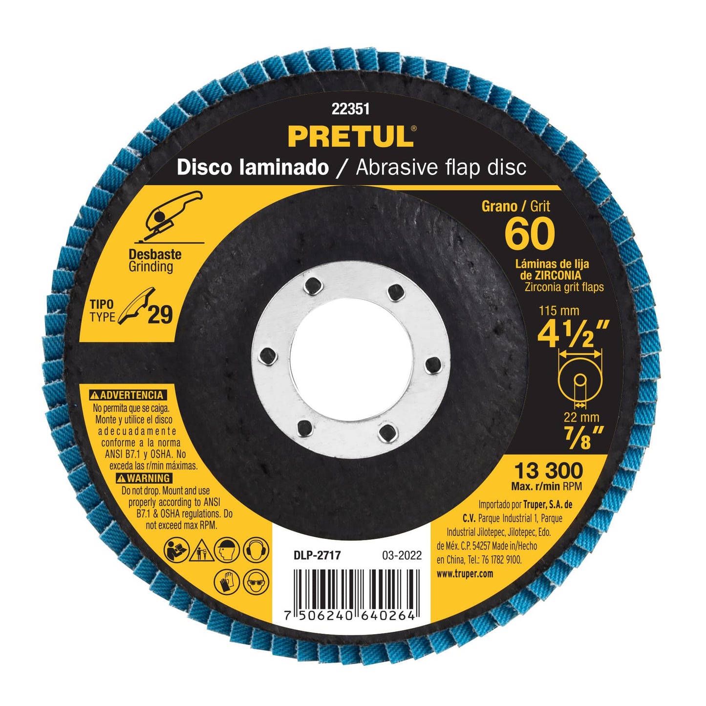 DLP-2717 Disco laminado flap, Tipo 29, 4-1/2", grano 60, centro 7/8", Pretul