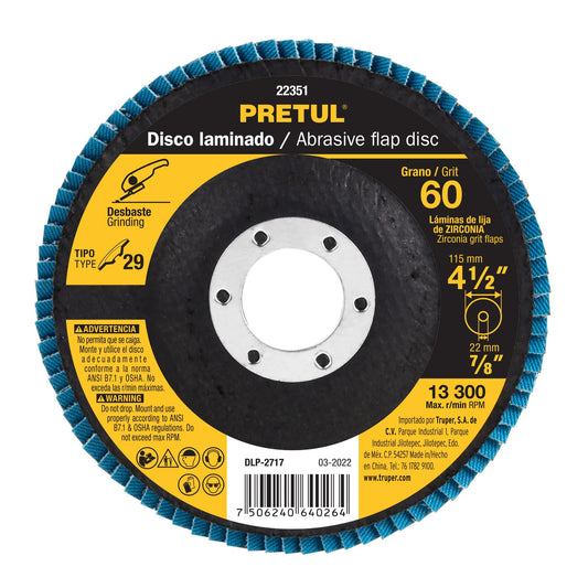 DLP-2717 Disco laminado flap, Tipo 29, 4-1/2", grano 60, centro 7/8", Pretul