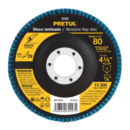 DLP-2718 Disco laminado flap, Tipo 29, 4-1/2", grano 80, centro 7/8", Pretul