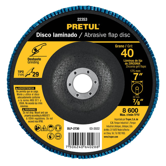 DLP-2730 Disco laminado flap, Tipo 29, 7", grano 40, centro 7/8", Pretul