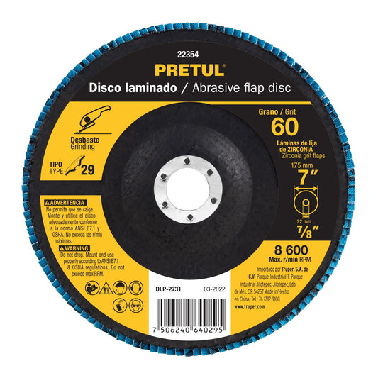 DLP-2731 Disco laminado flap, Tipo 29, 7", grano 60, centro 7/8", Pretul