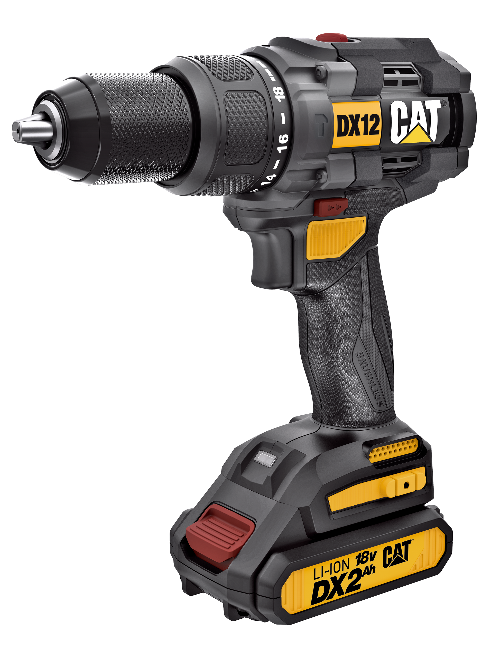 Taladro percutor CAT 1/2", modelo DX12, incluye 2 baterías 2.0Ah, cargador y maletín, ideal para trabajos profesionales de perforación.