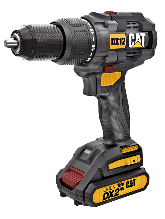 Taladro percutor CAT 1/2", modelo DX12, incluye 2 baterías 2.0Ah, cargador y maletín, ideal para trabajos profesionales de perforación.
