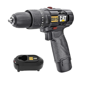 Taladro percutor CAT 3/8", modelo DX15, incluye cargador y batería 2.0Ah, ideal para trabajos ligeros de perforación.