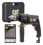 Taladro percutor CAT 1/2", modelo DX17U.1, incluye maletín y juego de 8 brocas, ideal para trabajos de perforación.