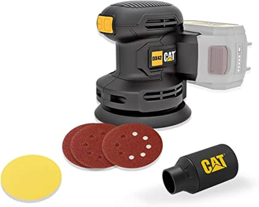 Lijadora orbital y pulidora CAT 5", modelo DX42B, motor sin escobillas, 18V de potencia, ideal para acabados profesionales.