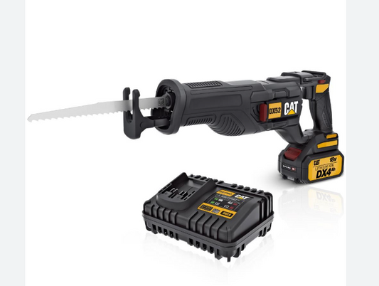 Sierra sable CAT 18V, modelo DX52KC0120, incluye batería 2.0Ah y cargador, ideal para trabajos de demolición y corte.