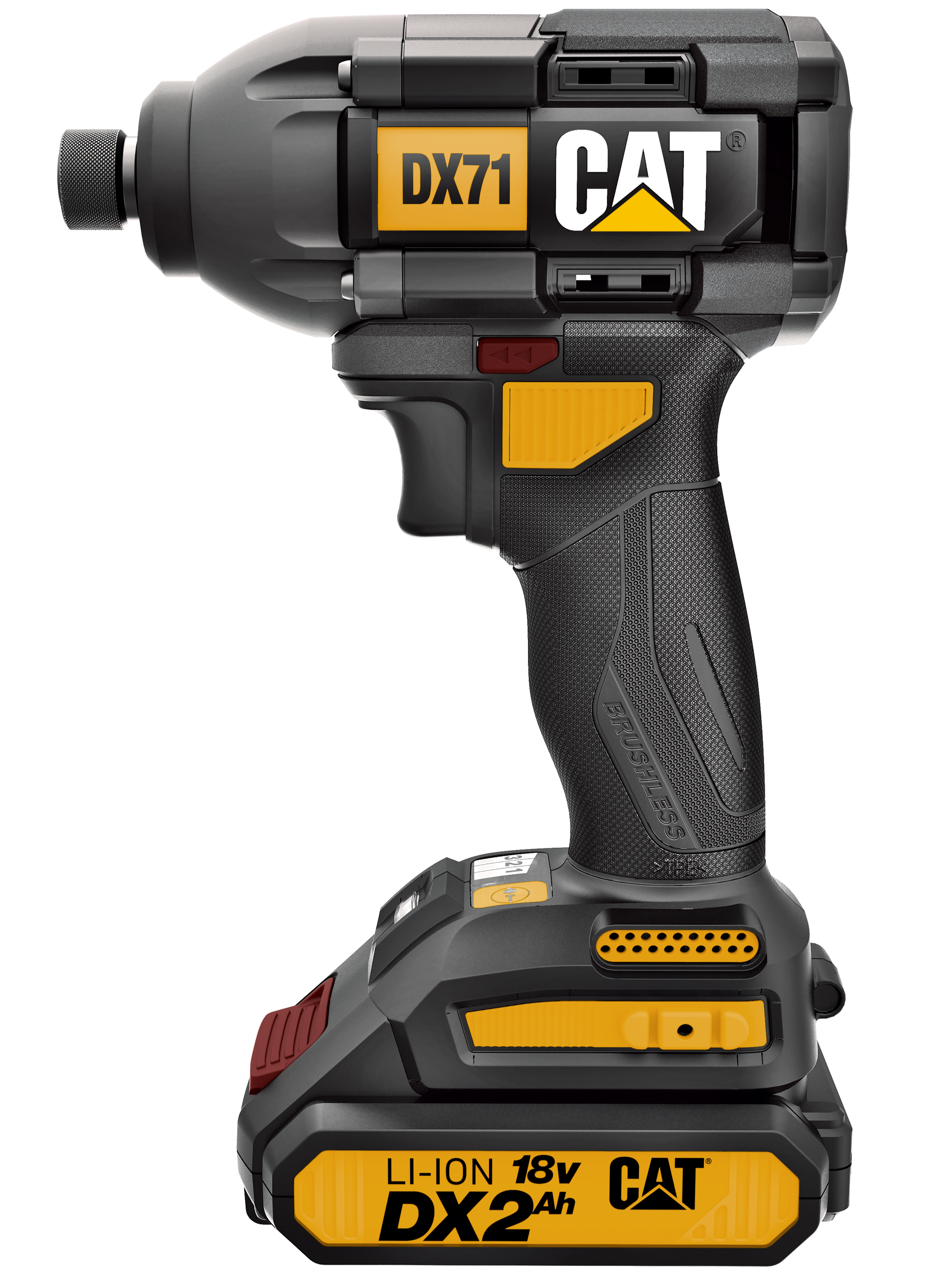 Atornillador de impacto CAT 1/4", modelo DX71B, motor sin escobillas, 18V de potencia, ideal para trabajos pesados.