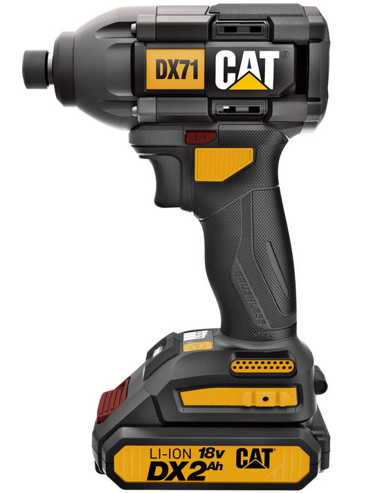 Atornillador de impacto CAT 1/4", modelo DX71B, motor sin escobillas, 18V de potencia, ideal para trabajos pesados.