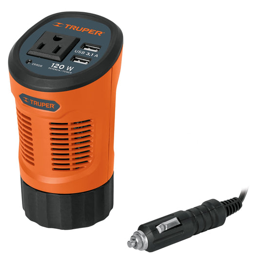INCO-120 Inversor de corriente tipo vaso con 2 puertos USB, 120 W"