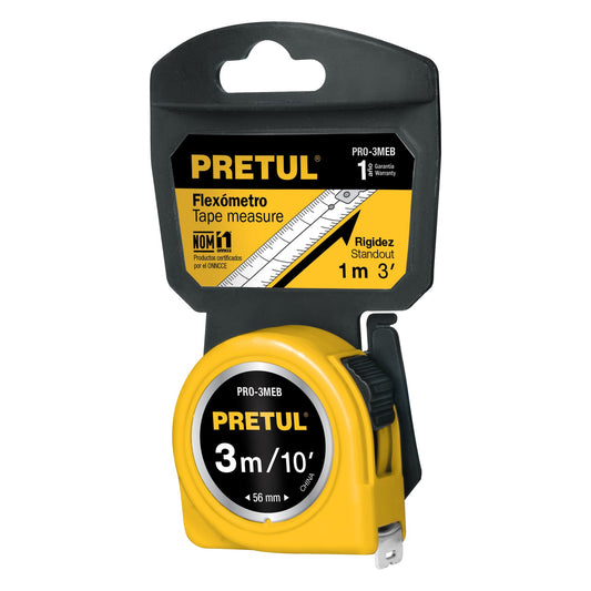 PRO-3MEB Flexómetro, amarillo, 3m,cinta 1/2", Pretul,tarjeta plástica