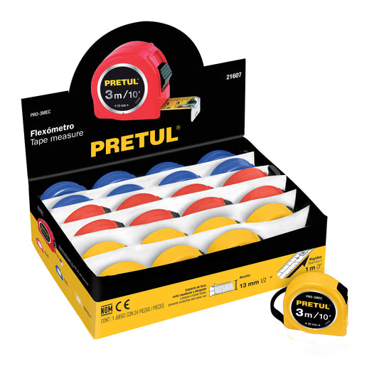 PRO-3MEC Flexómetros 3 m, cinta 1/2" en display box, 24 pzas, Pretul