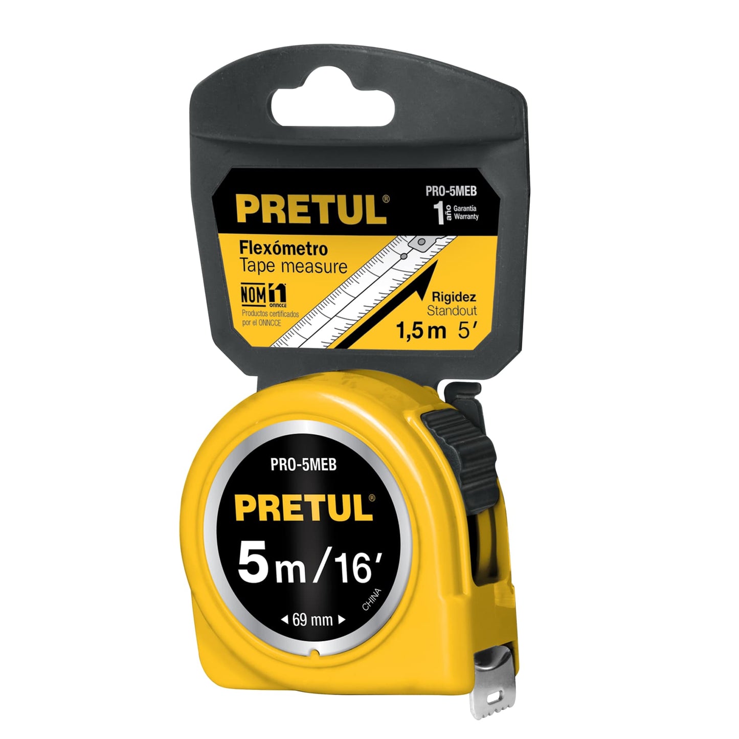 PRO-5MEB Flexómetro, amarillo, 5m,cinta 3/4", Pretul,tarjeta plástica