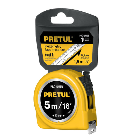 PRO-5MEB Flexómetro, amarillo, 5m,cinta 3/4", Pretul,tarjeta plástica