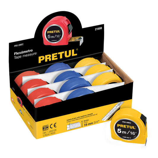 PRO-5MEC Flexómetros 5 m, cinta 3/4" en display box, 12 pzas, Pretul