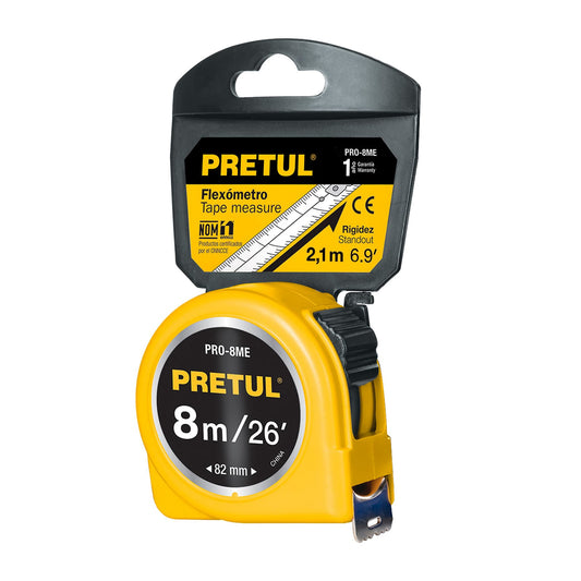 PRO-8ME Flexómetro, amarillo, 8m, cinta 1", Pretul, tarjeta plást