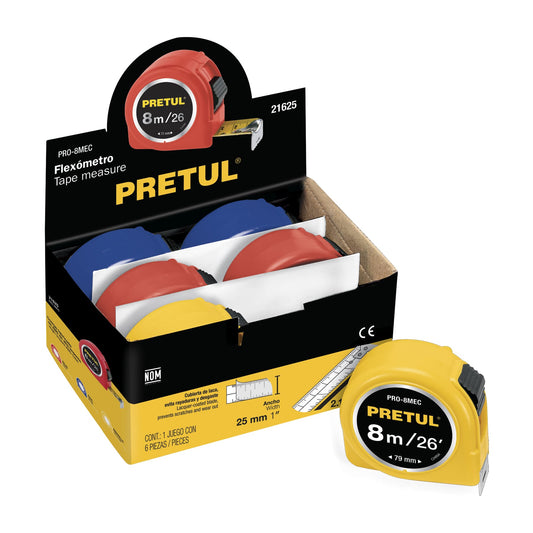 PRO-8MEC Flexómetros 8 m, cinta 1" en display box, 6 pzas, Pretul