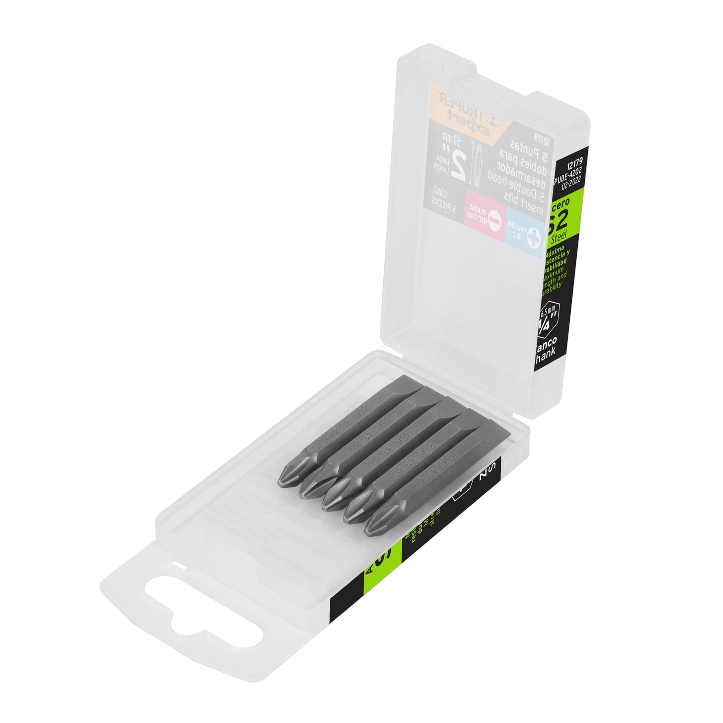 PUDE-4202 Puntas dobles Phillips #2,plana 9/32, 2', estuche 5 piezas"