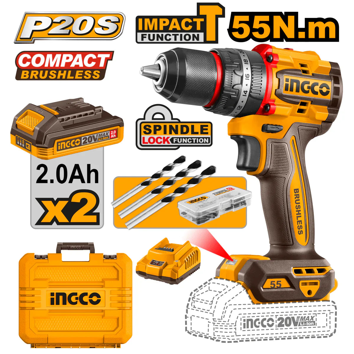 TALADRO PERCUTOR INALAMBRICO 1/2" 20V 55 NM CON 2 BATERIAS Y CARGADOR