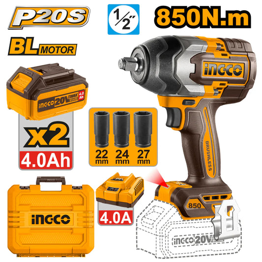 LLAVE DE IMPACTO INALAMBRICA 1/2" 20V 300 Nm CON 2 BATERIAS Y CARGADOR